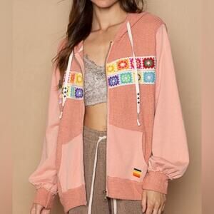 POL Granny Square Crochet Full Zip Hoodie Cotton Festival Pink Size Small